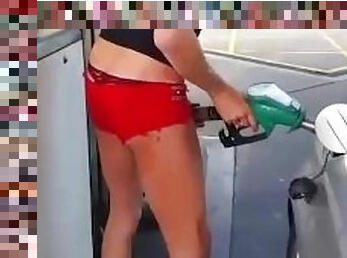 Sissy fill up at petrol station, Public exhibitionist