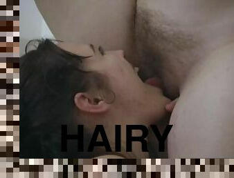 Curvy hairy ladies lick each other in the bathroom