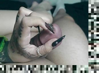 Long nails play with cock, foreskin and peehole