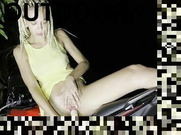 Hot Ukrainian Girl with Big Tits on Her Motorcycle Outdoors in the Mountains Fucks with a Huge Dildo