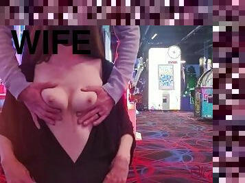 Wife Flashes Tits and Husband Plays with Her Pussy at the Arcade