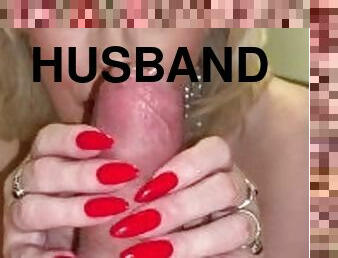 Red lipstick blow job on the husband