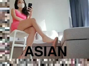 asiático, masturbación, pies, pajeándose, corrida, fetichista, dominación-femenina
