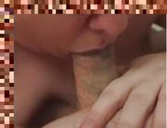 Blindfolded Wife Gives me a lipstick blowjob and sucks the cum out, with a little help