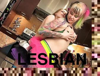 Zophia Myaw And Malory Maze - Kinky Lesbian Rockers Get Playful In Kitchen