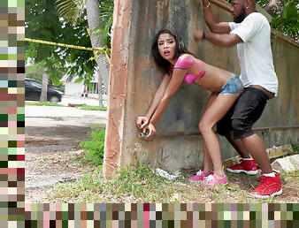 Ebony whore Maya Bijou has sex with a construction worker outdoors
