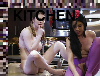 The girls Bunny Colby and Alex Coal were tired of cleaning up and decided to fuck on the kitchen table