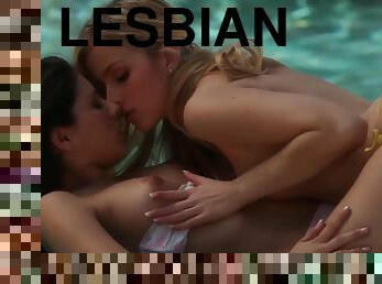 Abigaile Johnson & Shyla Jennings touch & eat each other by the pool