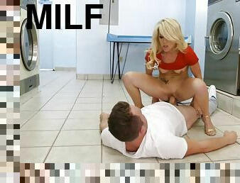 Milf Laura Bentley deepthroats a young dick & gets fucked at the laundry mat