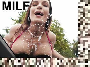 Soapy car wash turns into a titty bouncing cock ride with milf Diamond Foxxx