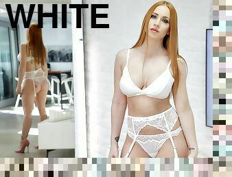 Redhead beauty in sexy white lingerie gets fucked hard in threesome