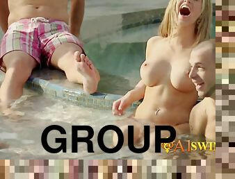 Raunchy blond gets in her first group sex