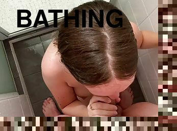My cute college friend takes a shower and I join her