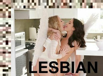Lesbian angels licking in the kitchen