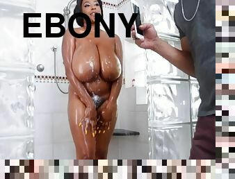 Wet ebony with monster tits and soapy pussy in shower interracial