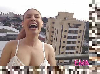 POV blowjob and ass fucking outdoors on the balcony with PAWG redhead