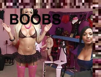 Blonde and brunette hotties suck and fuck a stud in sex shop