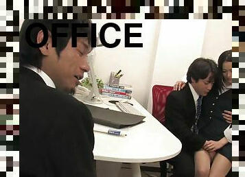 JAV office slut blowjobs two dicks at once and plays with the cum