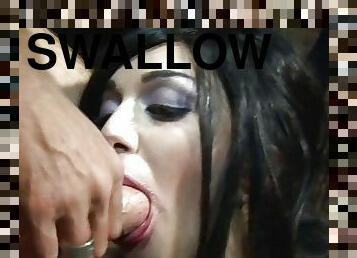 Raven haired bitch fucked doggystyle and swallows cum
