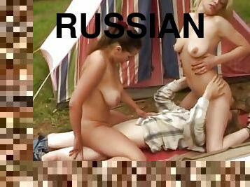 3 Russian busty chicks go wild and fuck 2 guys in outdoor orgy.