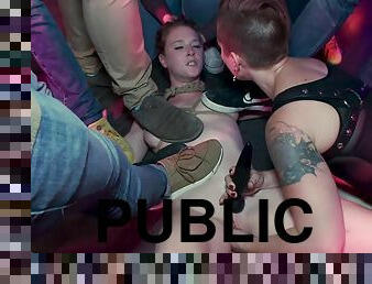 Bitch gets facial in public bar group fucking