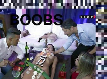 Four friends throw a crazy sushi and swingers party