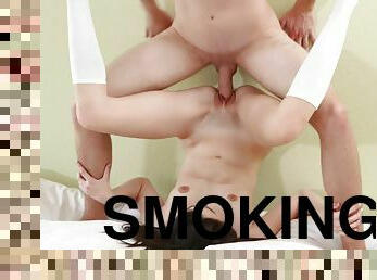 Smoking hot teen in white long socks takes a dick upside-down
