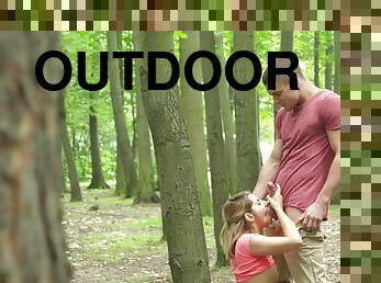 Teen Amy Red sucks a dick and takes a pounding in the woods
