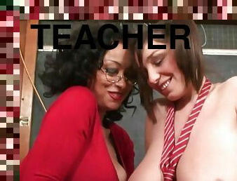 A female teacher satisfies her horny needs with a super-busty schoolgirl