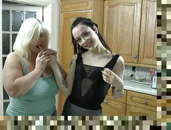 Stockinged granny kisses goth whore