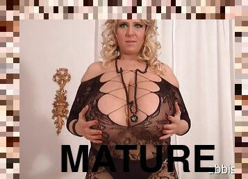 Euro mature blonde with giant knockers teasing in solo webcam video - monster tits, saggy boobs