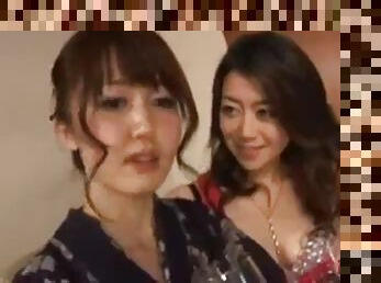 Japanese women stroking kimono girls' small nipples sucking milk