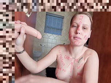Body Writing Pale Slut Sucking And Fucking Two Suction Cup Dildos Spit Roast Fetish