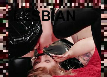 Kinky lesbian BDSM fetish sex - free video with dildo gag