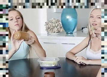 Elsa and hollie swallow a big meat