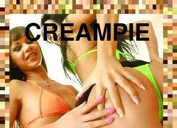 All horny bitches eat  creampie