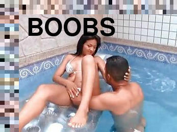 Bikini babe with big boobs licked in hot tub