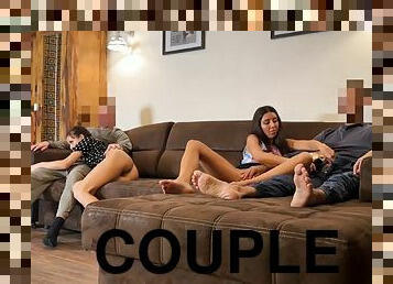 Two married couples watch movies and fuck