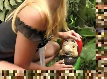 Natural outdoors blonde shemale exposes small boobs and penis