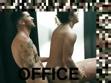 Taboo stud barebacks his stepdad in the office in a threesome with a colleague
