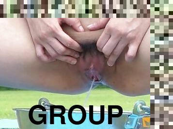Group of Japanese girls blow few guys and get their cunts licked before pissing