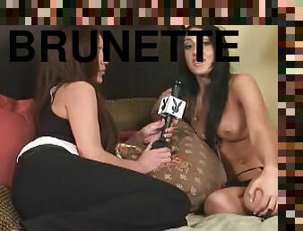 Topless chick gives an interview