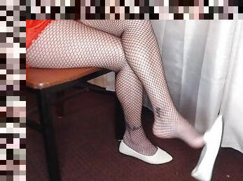 White Knit Ballet Flats Black Fishnets Dangling Shoeplay