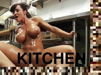Beautiful pornstar Lisa Ann crazy adult scene in restaurant kitchen with happy customer
