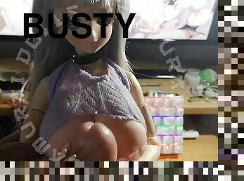 Trans mini slut gets handcuffed then lots of cum on her busty body