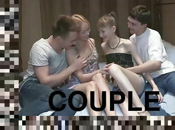 Two teen couples share pussies and cocks together