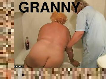 Chubby old granny gets washed by her private nurse