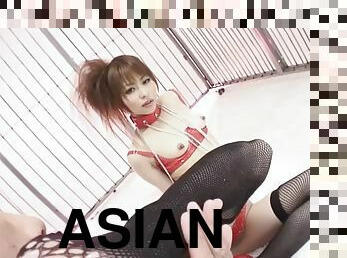 Asian hoe in fishnets gets eaten out and fucked hard in a cage