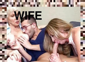 Nerd is lucky to fuck wife and her old stepmom