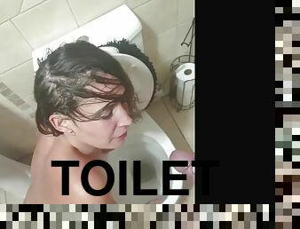 Worthless whore hair dragged into the toilet to be used as a human toilet, face slapped and spit on